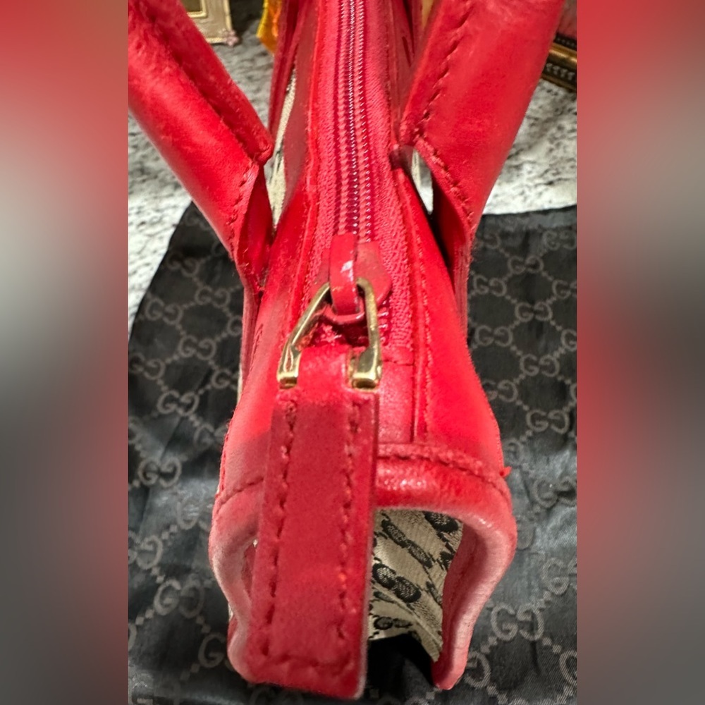 6 HOUR SALE -GUCCI MONOGRAM CANVAS MINI BAG W Red LEATHER DUAL HANDLES - Picture 13 of 15